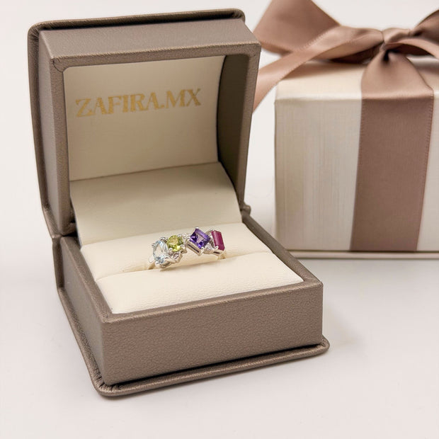 Family Ring 4 piedras Diseño 5 - Anillo Familiar de Oro (10k, 14k, 18k) o Plata 0.925 y Piedras de Nacimiento