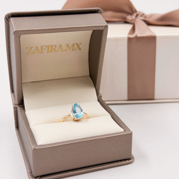 Anillo Solitario Pera Topacio Azul - Joyería Fina en Oro Sólido (10k, 14k, 18k) o plata 0.925