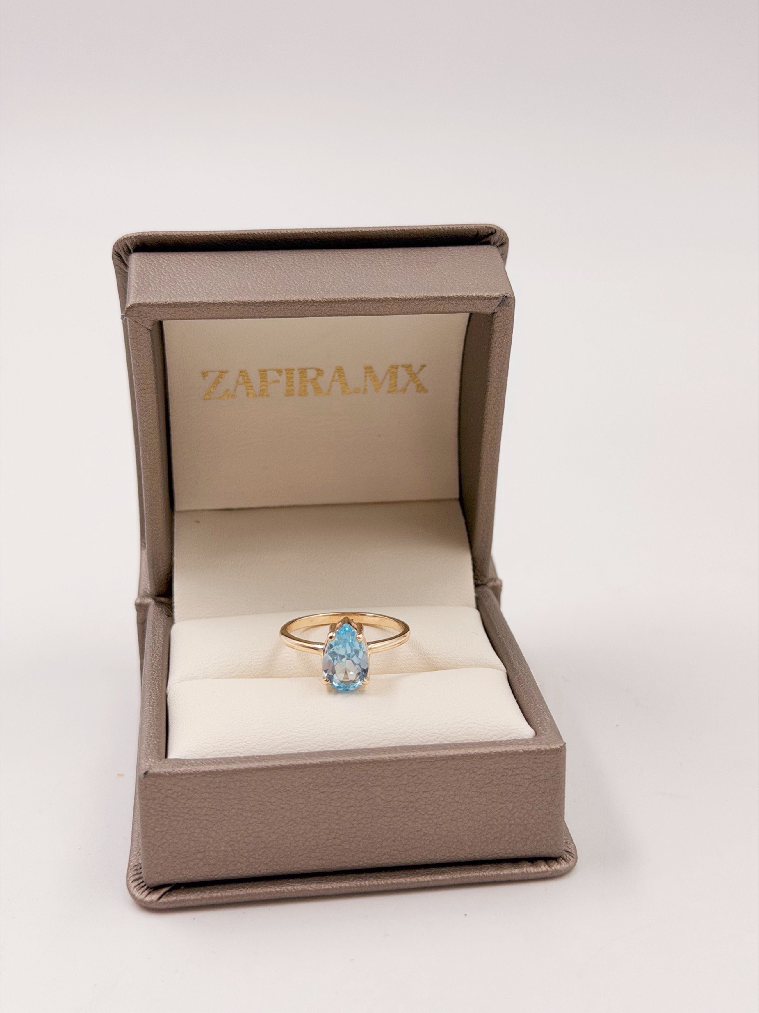 Anillo Solitario Pera Topacio Azul - Joyería Fina en Oro Sólido (10k, 14k, 18k) o plata 0.925