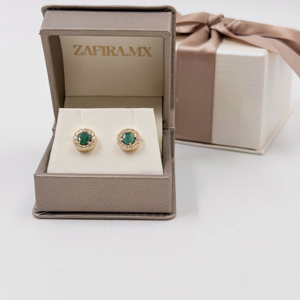 Arete Esmeralda con Halo - Aretes de Oro (10k, 14k, 18k) y Piedras Preciosas