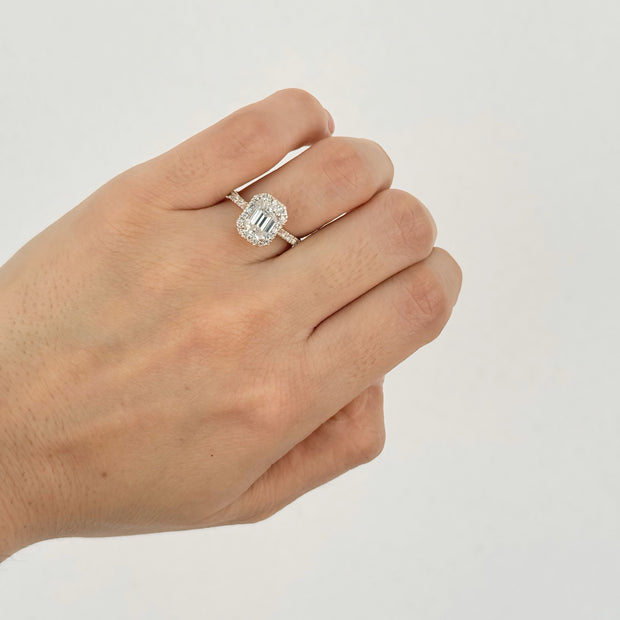 Anillo de Compromiso 1.0ct Corte ESMERALDA con Halo- Anillo de Compromiso en Oro (10k, 14k, 18k) o Plata 0.925 y Diamante Lab-Grown o Moissanita