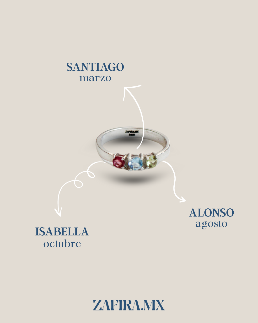 Anillo Familiar 3 piedras - Anillo Familiar de Oro (10k, 14k, 18k) y Piedras de Nacimiento